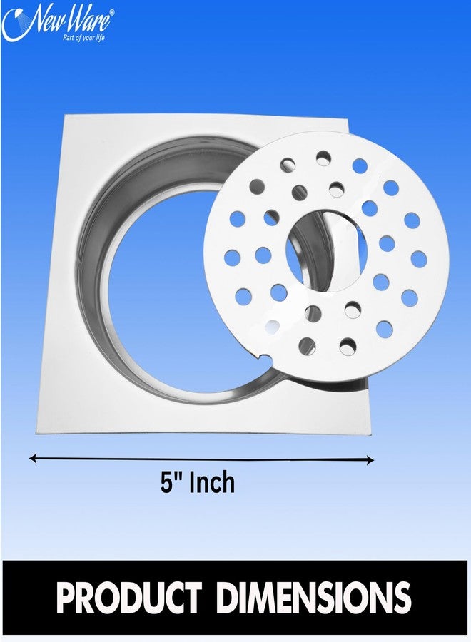 NEW WARE شبكة تصريف مربعة مسطحة من الفولاذ المقاوم للصدأ من نيو وير® CP 202 مقاس 5 بوصات | مصيدة أرضية بفتحة لأنبوب التصريف | شبكة تصريف بالضغط للأسفل (عبوة من قطعتين) - Image 4